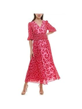 🎉5 for $25 Just...Taylor Pink and Red Floral Panel Maxi Dress with Smocked Waist